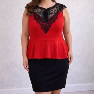Dots Red Black Lace Yoke Peplum Sheath Dress Sz 3X